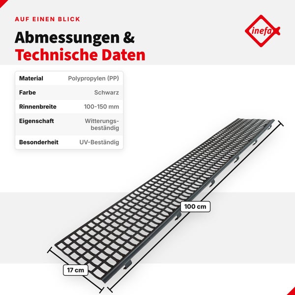 Infografik zeigt technische Daten und Maße von einem inefa Laubschutzgitter für Dachrinnen aus Polypropylen mit 100 Zentimeter Länge.