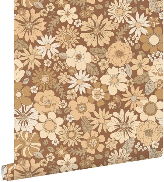 ESTAhome Tapete Retro Blumen Beige und Braun - 50 x 900 cm - 130965