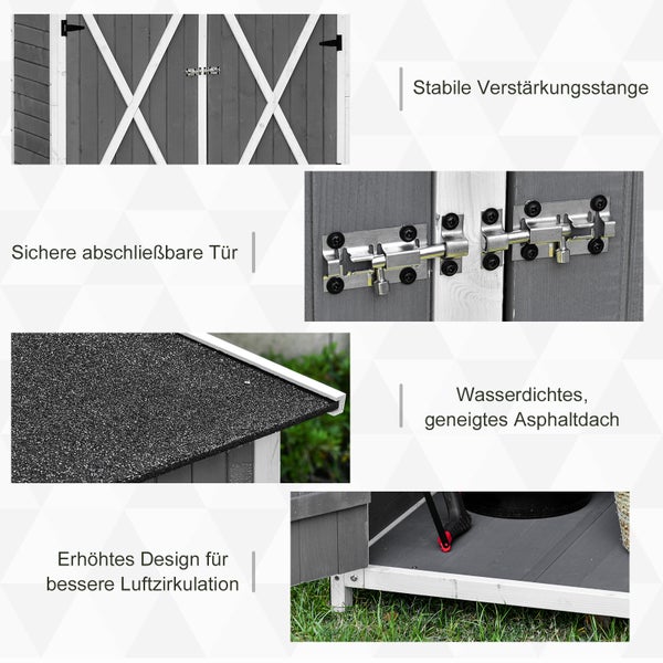 Detailansichten eines Gerätehauses: stabile Verstärkungsstange, abschließbare Tür, geneigtes Asphaltdach und erhöhtes Design für Luftzirkulation