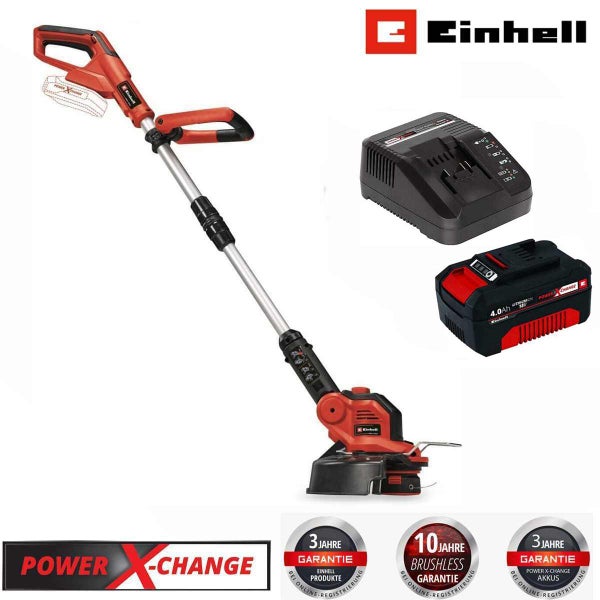 Einhell Akku Rasentrimmer mit Ladegerät und 4.0 Amperestunden Akku aus der Power X-Change Serie für die Gartenpflege.
