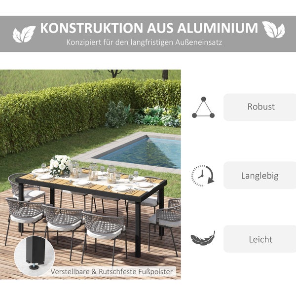 Outsunny Gartentisch für 8 Personen, Esstisch, 190 x 90 x 74 cm, Kunststoff, Natur+Schwarz