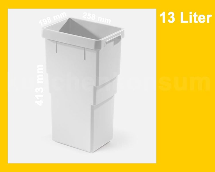 Rechteckiger Kunststoff-Abfalleimer, 13 Liter, Maße 198 Millimeter mal 258 Millimeter mal 413 Millimeter.