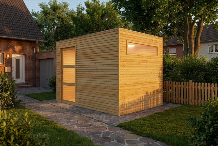 Modernes Gartenhaus aus hellem Holz mit Flachdach, einer Glastür und einem Seitenfenster in einem Garten mit Steinweg.