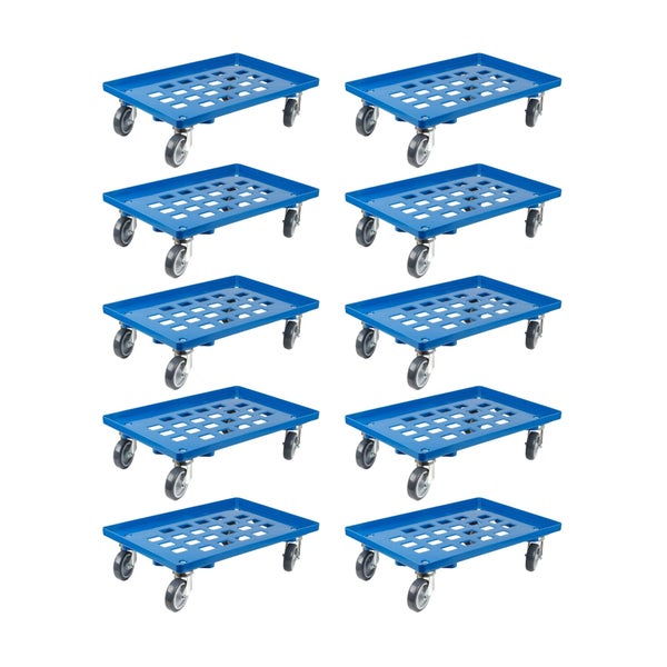 PROREGAL SparSet 10x Transportroller für Euroboxen 60 x 40 cm mit Gummiräder Blau Gitter/Rasterdeck 2 Lenkrollen und 2 Bremsrollen Traglast 300 kg