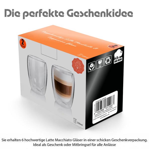 Geschenkverpackung mit zwei doppelwandigen Gläsern für Latte Macchiato und Cappuccino, 300 Milliliter, Big Dean.