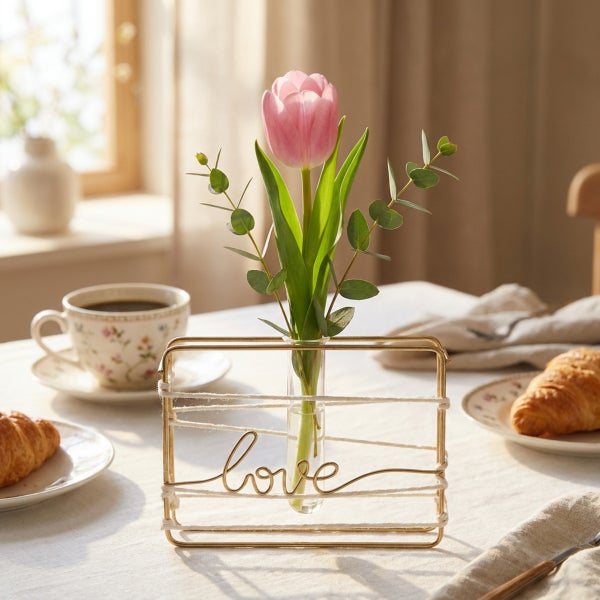 Dekorative Blumenvasen Halterung aus Metall mit Glasrohr und Schriftzug Love auf einem gedeckten Frühstückstisch