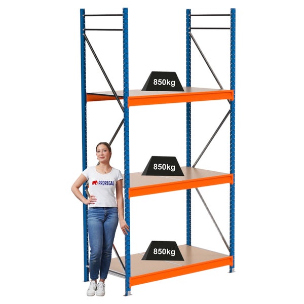 Lagerregal mit drei Ebenen und einer Traglast von 850 Kilogramm pro Ebene.