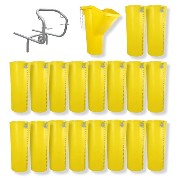 Futterraufe mit gelben Futtereimern und einem gelben Trichter