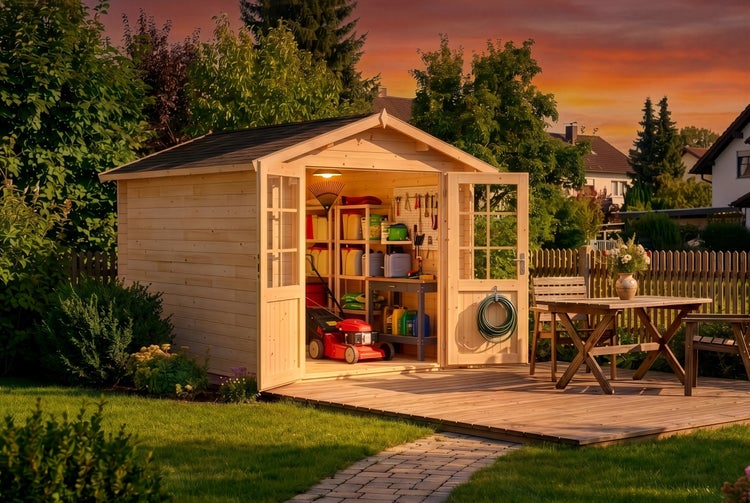 Gartenhaus aus Holz mit Satteldach und Doppeltür mit Fenstersprossen auf einer Holzterrasse im Garten.