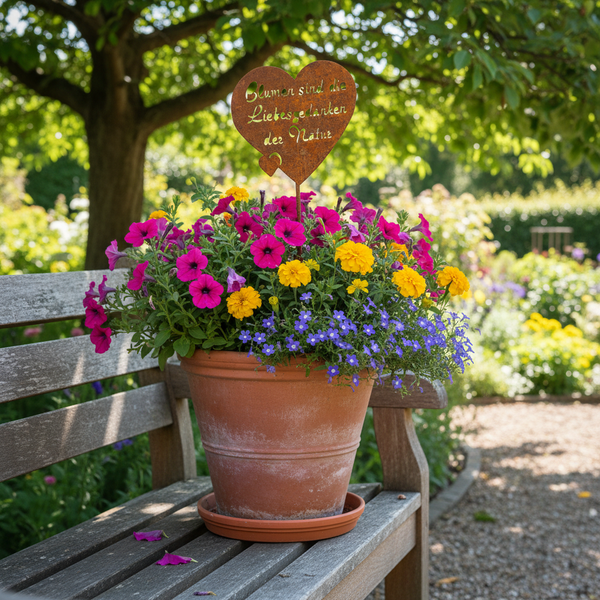 Gartenstecker Herz aus Metall in Edelrost Optik mit Spruch Blumen sind die Liebesgedanken der Natur in einem Blumentopf auf einer Holzbank.