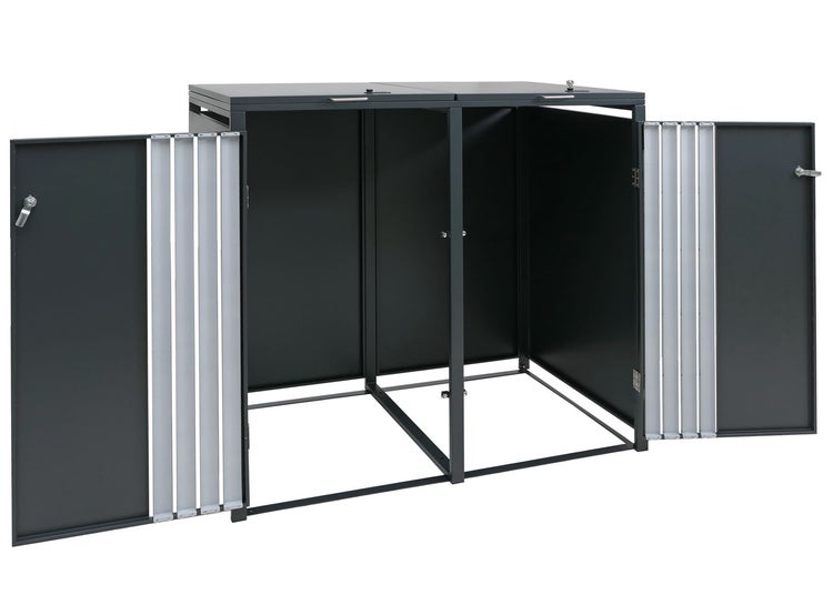 Mülltonnenbox mit drei Türen im geöffneten Zustand