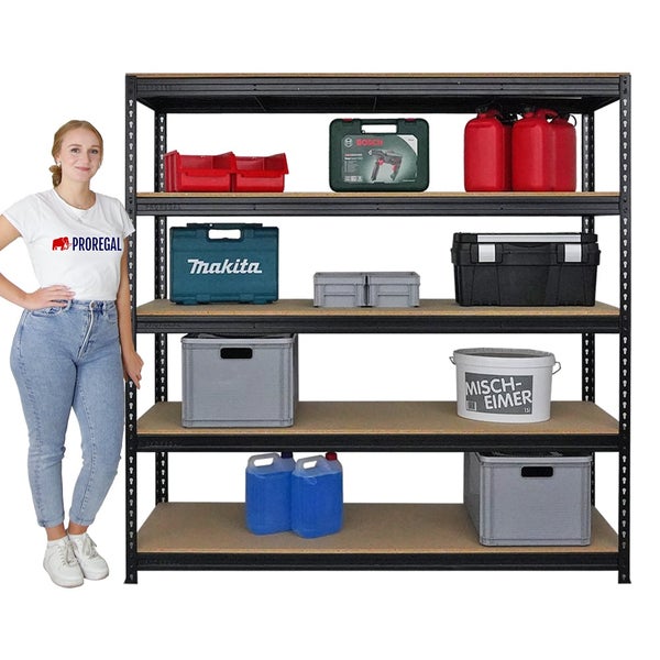 PROREGAL Mega Deal 2x Profi Schwerlastregal Bison HxBxT 200 x 200 x 60 cm 5 Fachböden Fachlast 600 kg Schwarz