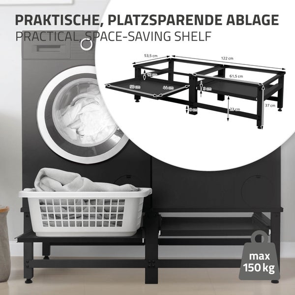 ML-Design Doppel Waschmaschinen-Untergestell mit 2 ausziehbaren Ablagen, Schwarz, Stahl, bis 2x 150kg + 10 kg, verstellbare Füße, Waschmaschinensockel 2-Fach, Doppeluntergestell Doppelpodest Erhöhung