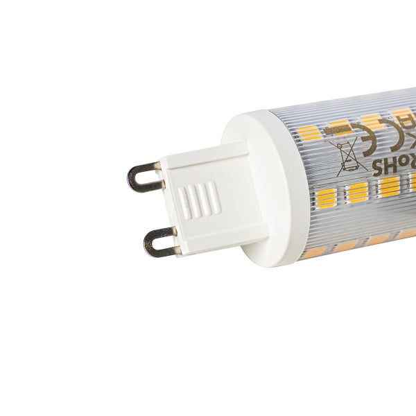 Nahaufnahme eines G9 LED-Leuchtmittels mit weißem Stiftsockel und sichtbaren gelben LED-Chips in transparenter Hülle.