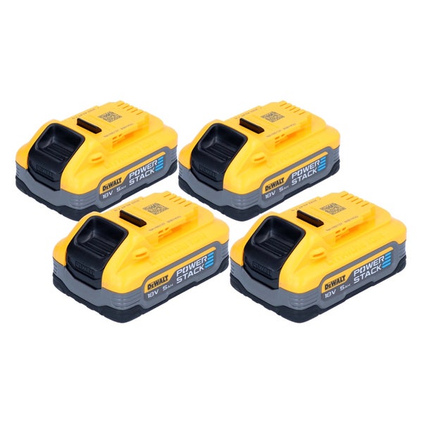 Vier DeWalt Powerstack Akkus 18 Volt 5 Amperestunden Lithium-Ionen für Elektrowerkzeuge.