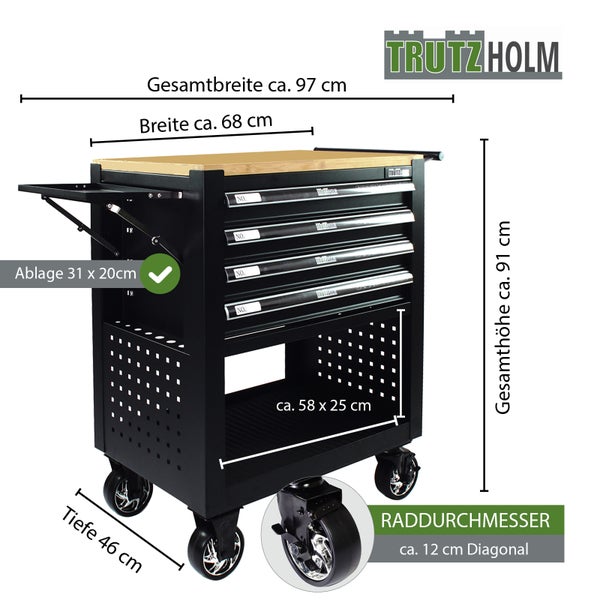 Trutzholm Werkstattwagen, Holzplatte, 4 Schubladen, klappbare Ablage. Breite circa 97 Zentimeter, Höhe 91 Zentimeter, Tiefe 46 Zentimeter.