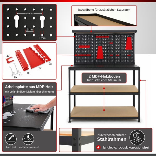 Werkbank aus Stahl mit Lochwand, Melamin-Arbeitsplatte, zwei MDF-Ablagen und Zubehörset, inklusive Detailansichten der Funktionen.