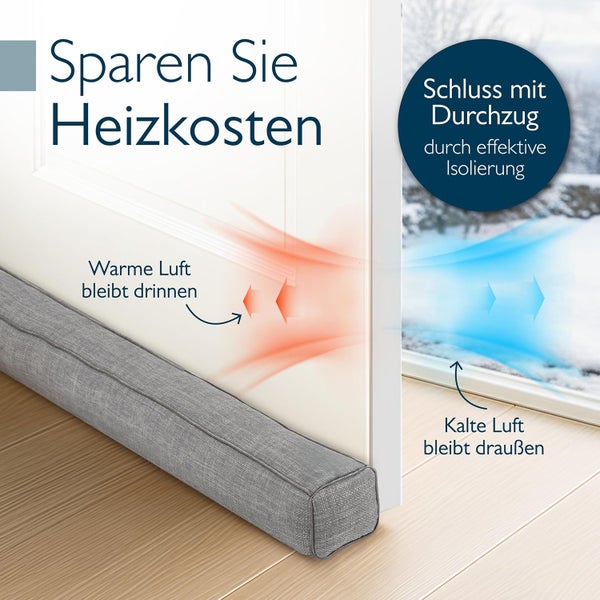 Grauer Zugluftstopper aus Stoff vor einer weißen Tür zur Isolierung gegen Kälte und zum Sparen von Heizkosten.