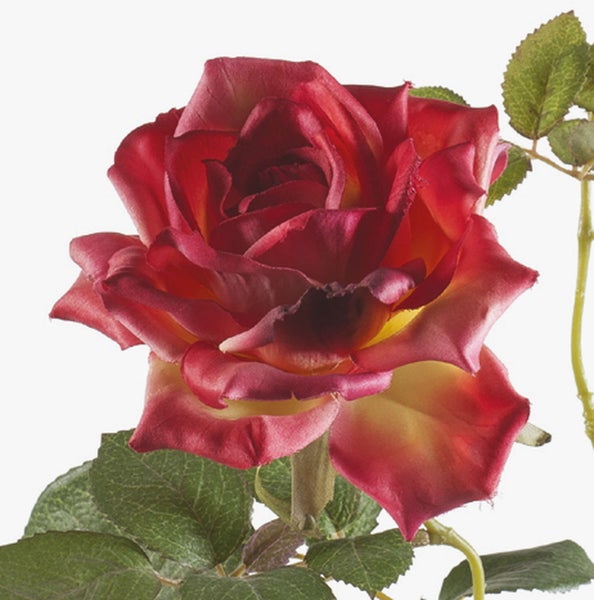 Künstliche Rose mit roter Blüte und grünen Blättern.