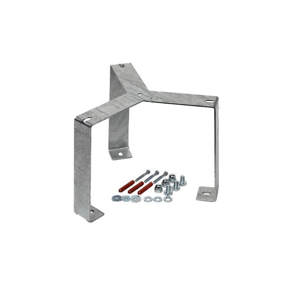 Dreibeinige Metallhalterung aus verzinktem Stahl inklusive Montageset mit Schrauben, Dübeln, Unterlegscheiben und Muttern.