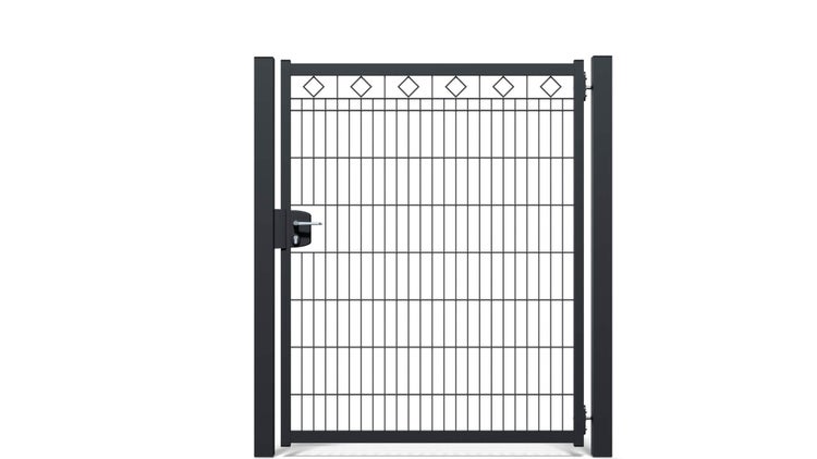 Gartentür ZAUNGURU BASIC-Linie Raute aus Metall, Höhe: 163cm, Breite: 150cm, 1-flügelig inkl. Pfosten, Schloss und Zubehör, Feuerverzinkt und zusätzlich in RAL 7016 Anthrazitgrau pulverbeschichtet