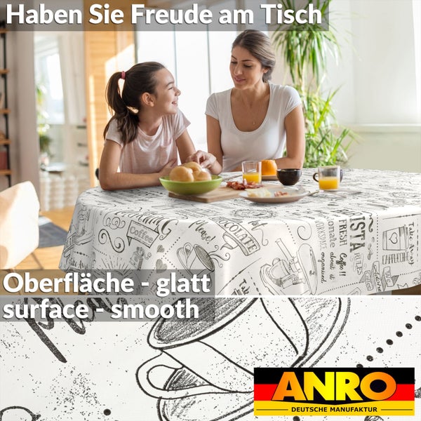 Runde abwaschbare Tischdecke mit Kaffeemotiven und glatter Oberfläche in einer hellen Frühstücksszene mit Mutter und Kind. ANRO Logo.