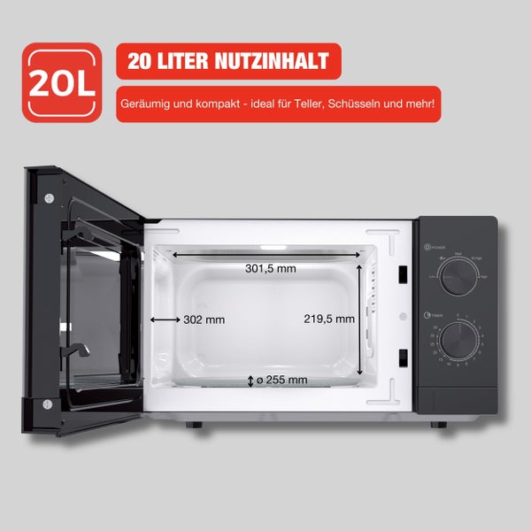 Telefunken Mikrowelle Solo Mikrowellengerät klein mit 20 L Garraum 700 W 5 Leistungsstufen schwarz B-MW-20-G-B