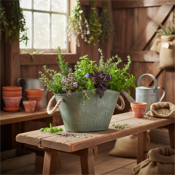Kräuter wie Rosmarin und Basilikum in einem Metall-Pflanztopf mit Seilgriffen auf einer Holzbank in einem hellen Geräteschuppen.