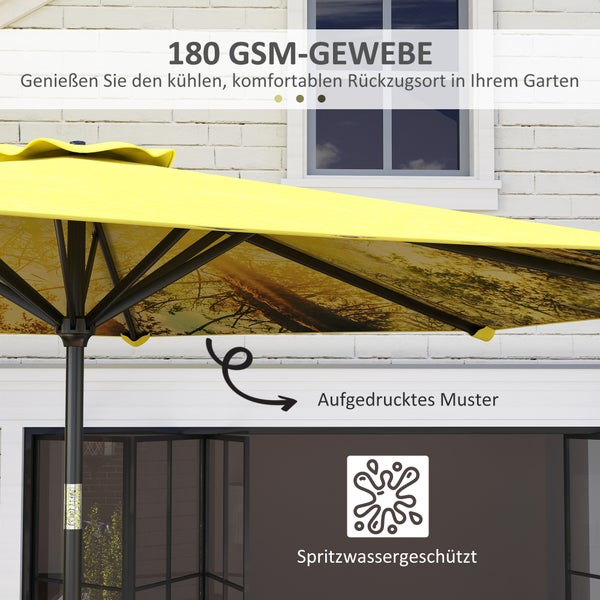 Outsunny Sonnenschirm Ø300 cm, Sonnenschirm mit Handkurbel, Muster，achteckig Balkonschirm Strandschirm windfest stabil Marktschirm Kurbelschirm Sonnenschutz für Strand Balkon Terrasse Garten, Gelb