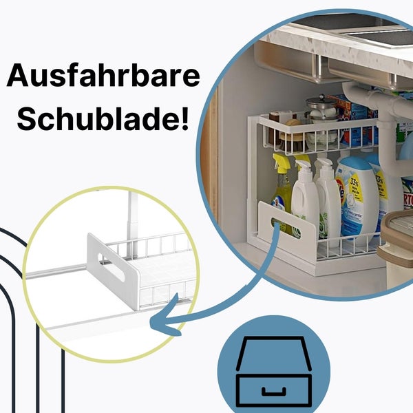 Ausziehbare Schublade unter einem Spülbecken mit Reinigungsutensilien.