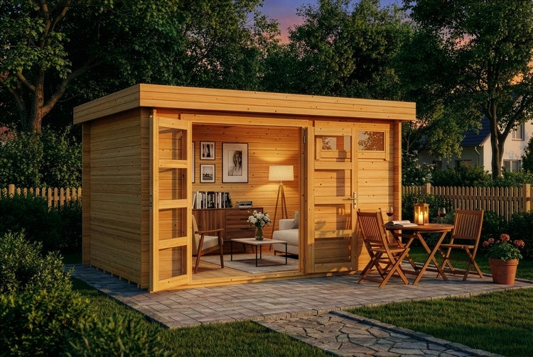 Modernes Gartenhaus aus Holz mit Flachdach und Doppeltür, eingerichtet als Wohnraum in einem Garten bei Abenddämmerung mit Sitzgruppe davor.