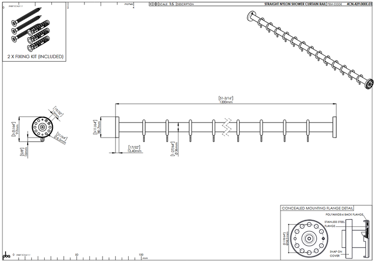 Technische Zeichnung einer geraden Duschvorhangstange aus Nylon mit Millimeterangaben, Befestigungsset und Details zum Montageflansch.