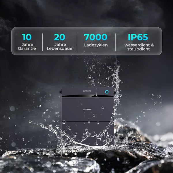 Sunshare Solarspeicher mit IP65 Schutzklasse, wasserdicht und staubdicht, 10 Jahre Garantie, 20 Jahre Lebensdauer und 7000 Ladezyklen.