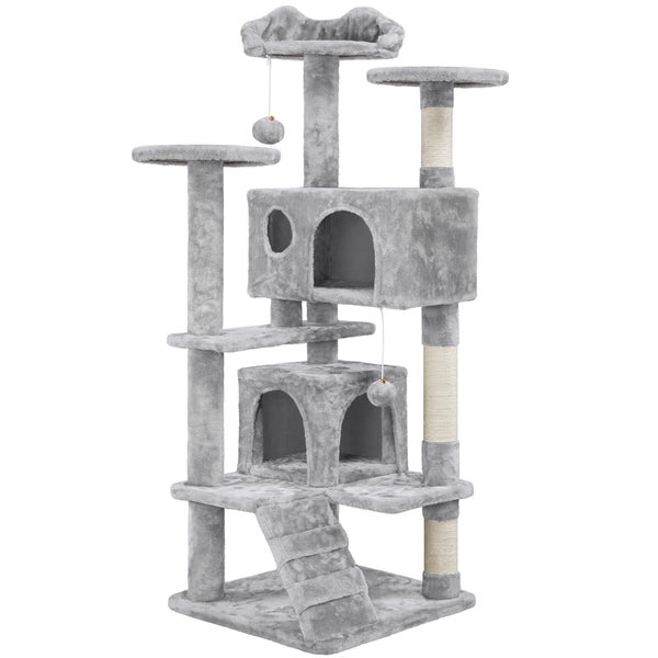 Grauer Katzenkratzbaum mit Höhlen, Plattformen und Spielzeug