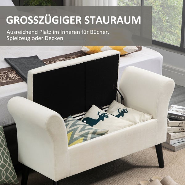 HOMCOM Sitzbank Polsterbank mit Stauraum Bettbank mit Armlehne für Flur Schlafzimmer samtartiges Polyester 111,5 x 41 x 65 cm Cremeweiß