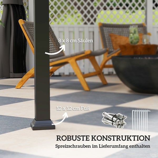 Pavillon-Säule mit 8 mal 8 Zentimeter Pfosten und 12 mal 12 Zentimeter Standfuß inklusive Spreizschrauben für eine robuste Konstruktion.