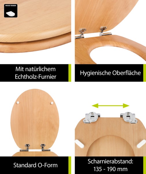 aquaSu® Holz WC-Sitz mit Absenkautomatik Venezia | Toilettendeckel in Buche | Holzkern Toilettensitz | Fast-Fix | Metallscharnier | Universale O-Form | Oval | Echtholzfurnier Buche | 403092