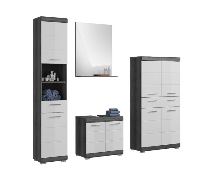 Modernes Badezimmer-Set bestehend aus Hochschrank, Spiegel mit Ablage, Unterschrank und Kommode mit weißen Fronten und grauem Korpus.