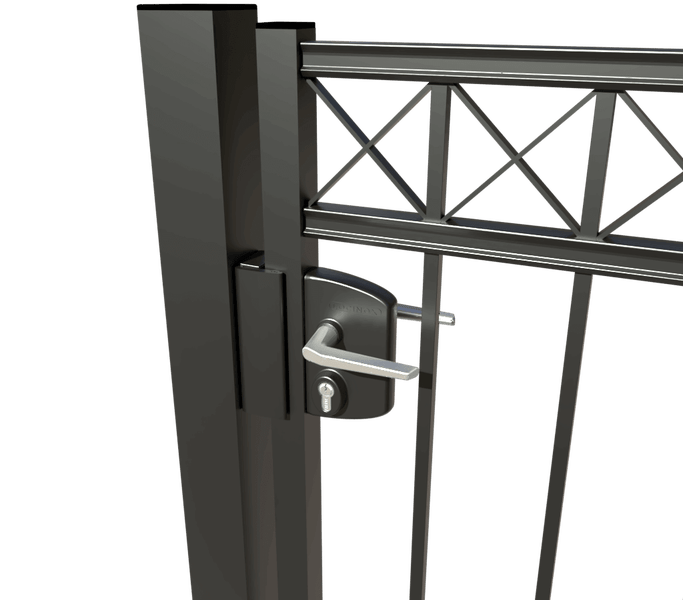 Detailansicht eines Metallgartentors mit Griff und Schloss