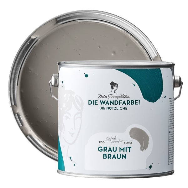 MissPompadour abwaschbare Wandfarbe 2.5L Grau mit Braun - hohe Deckkraft und Ergiebigkeit - matte, scheuerbeständige Innenfarbe - geruchsarm, wasserbasiert, atmungsaktiv - Die Nützliche