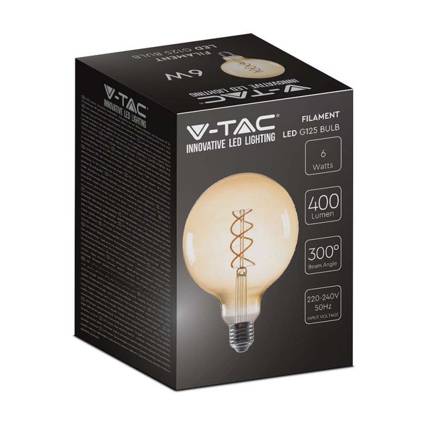 V-TAC Filament LED Leuchtmittel G125, 6 Watt, 400 Lumen, Abstrahlwinkel 300 Grad, dekorative Glühbirne in Originalverpackung.