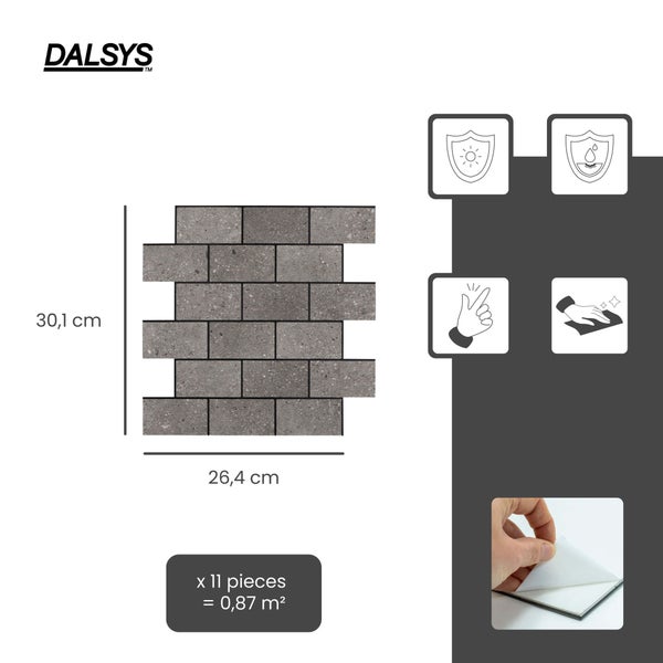 Dalsys Logo. Selbstklebende Wandfliesen in Steinoptik, 30,1 mal 26,4 Zentimeter. Set mit 11 Stück für 0,87 Quadratmeter. UV-beständig und wasserfest.