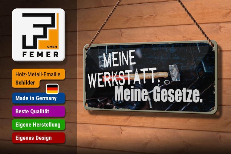 Blechschild Spruch 27x10cm meine Werkstatt meine Gesetze Dekoration