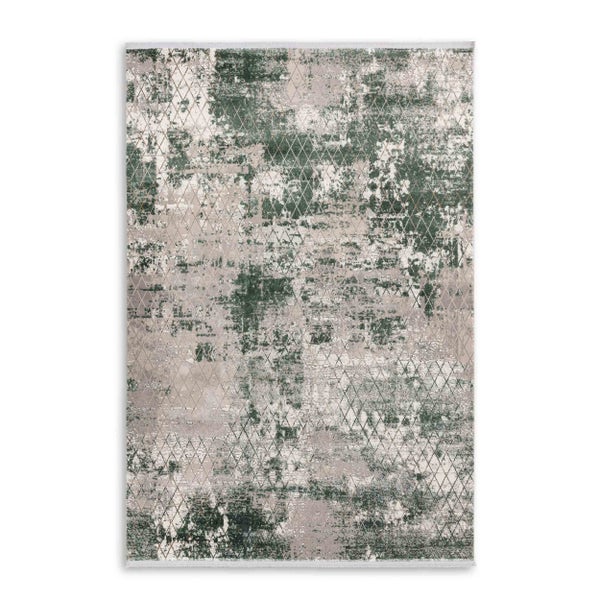 Rechteckiger Teppich mit abstraktem Vintage-Muster in Grün und Grau mit feiner Rautenstruktur.