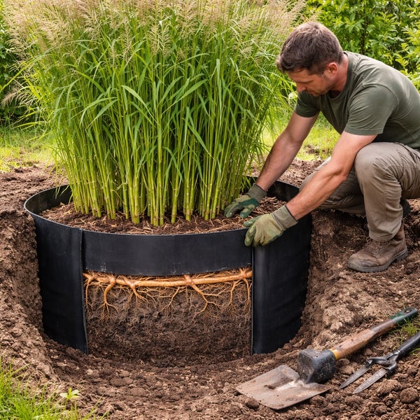 Mann pflanzt Gras mit Wurzelsperre im Garten.