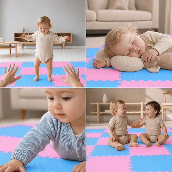 Babys auf einer weichen, zusammensteckbaren Puzzlematte in Blau und Pink, ideal als Bodenbelag für das Kinderzimmer zum Spielen und Krabbeln.