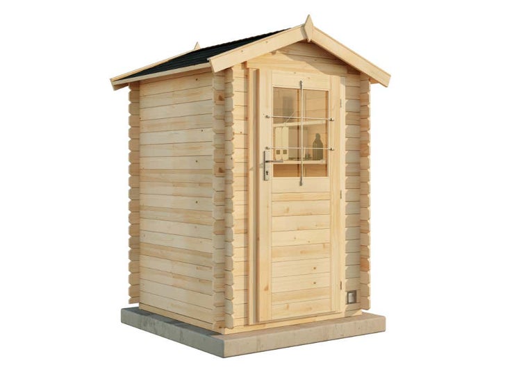 Gartenhaus aus Holz mit Satteldach und einer Einzeltür mit Fenster.