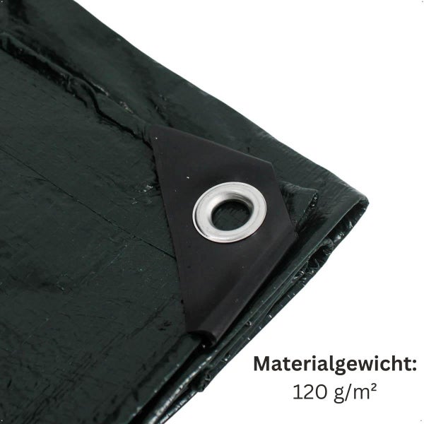 Detailansicht einer Gewebeplane mit verstärkter Ecke und Metallöse, Materialgewicht 120 Gramm pro Quadratmeter
