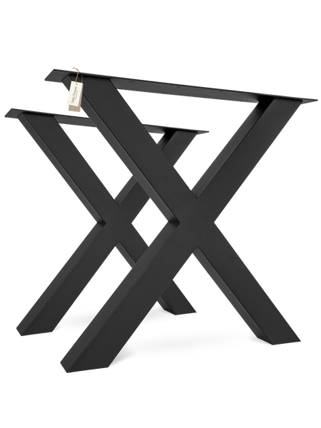 Zwei schwarze Tischbeine aus Metall in X-Form für selbstgebaute Tische.