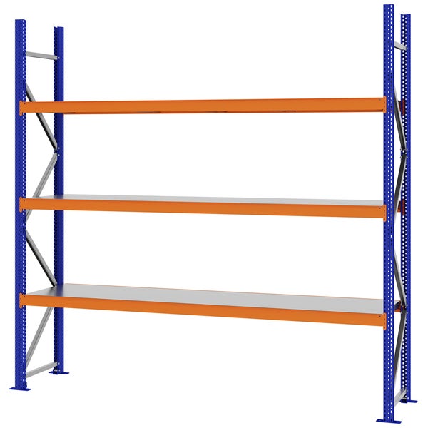 Weitspannregal aus Metall mit drei Ebenen, blauen Stehern und orangefarbenen Traversen.